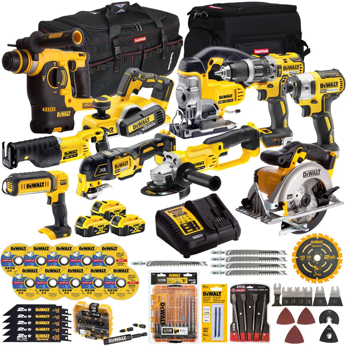 Dewalt 18V 10 Piece Power Tool Kit with 3 x 5.0Ah Battery Charger & Accessories Set T4TKIT-17218
