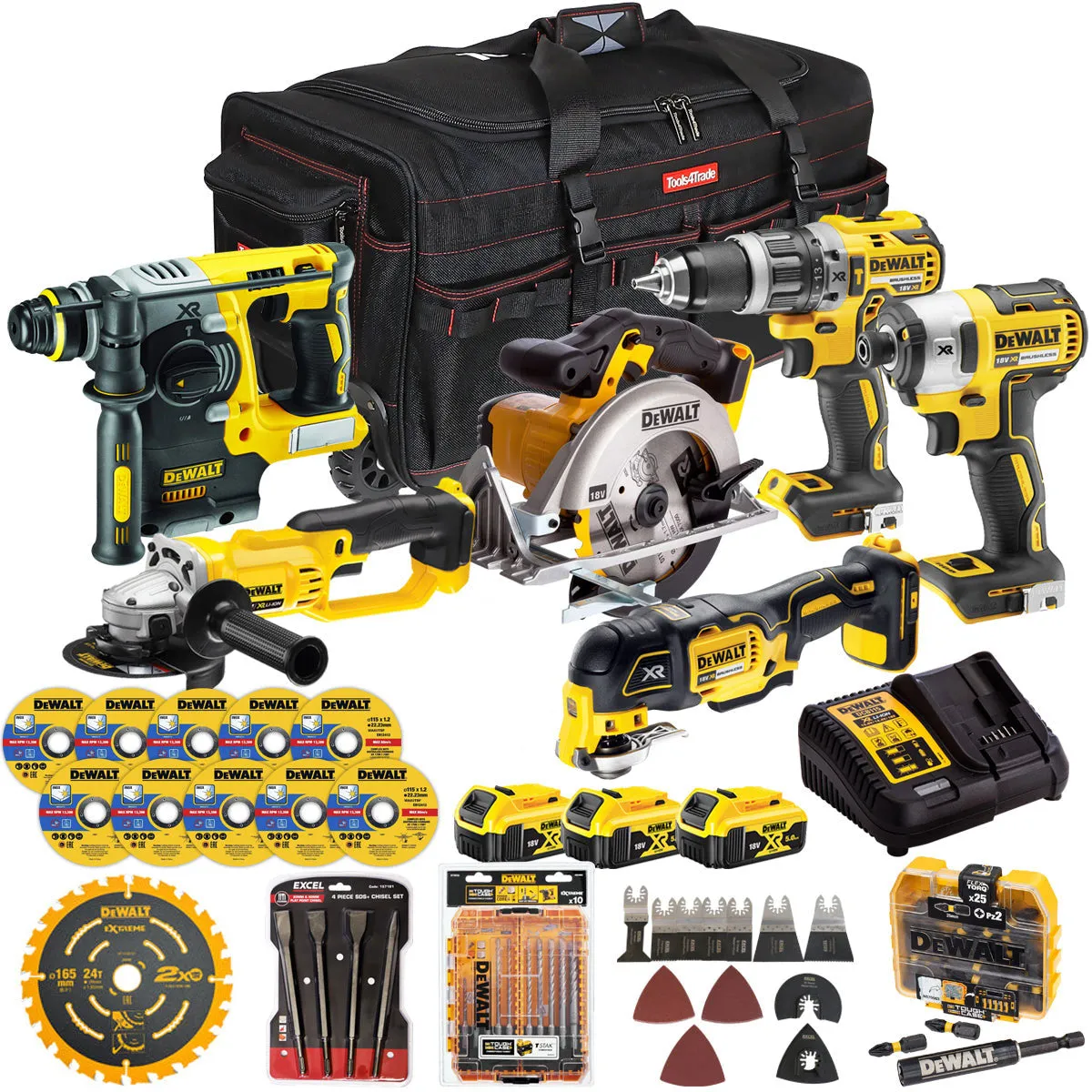 Dewalt 18V 6 Piece Power Tool Kit with 3 x 5.0Ah Battery Charger & Accessories Set T4TKIT-17217