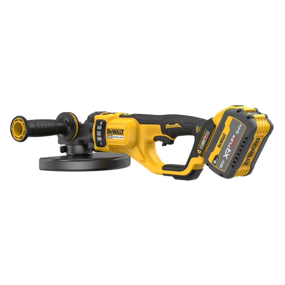 DeWalt DCG460X2 54V Brushless FlexVolt 230mm Angle Grinder with 2 x 9.0/3.0Ah Batteries. Charger & Case