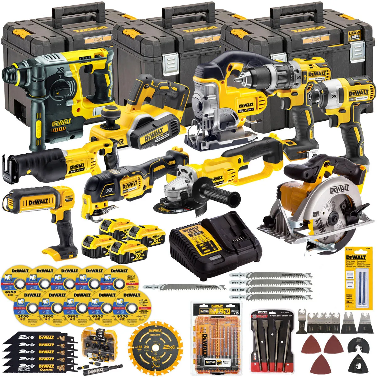 Dewalt DCKT4T10P4A 18V 10 Piece Power Tool Kit with 4 x 5.0Ah Battery Charger & Accessories Set