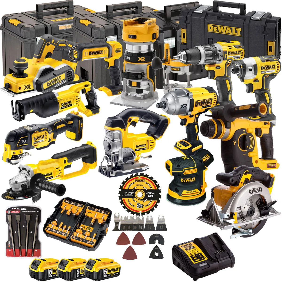 Dewalt DCKT4T13B4A 18V 3 x 5.0Ah Batteries XR Li-Ion 13 Piece Toughsystem Kit with Accessories Set