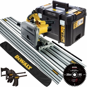 Dewalt DWS520KT 240V Plunge Saw   2 x 1.5m Guide Rails Connector Clamps with Blade & Bag