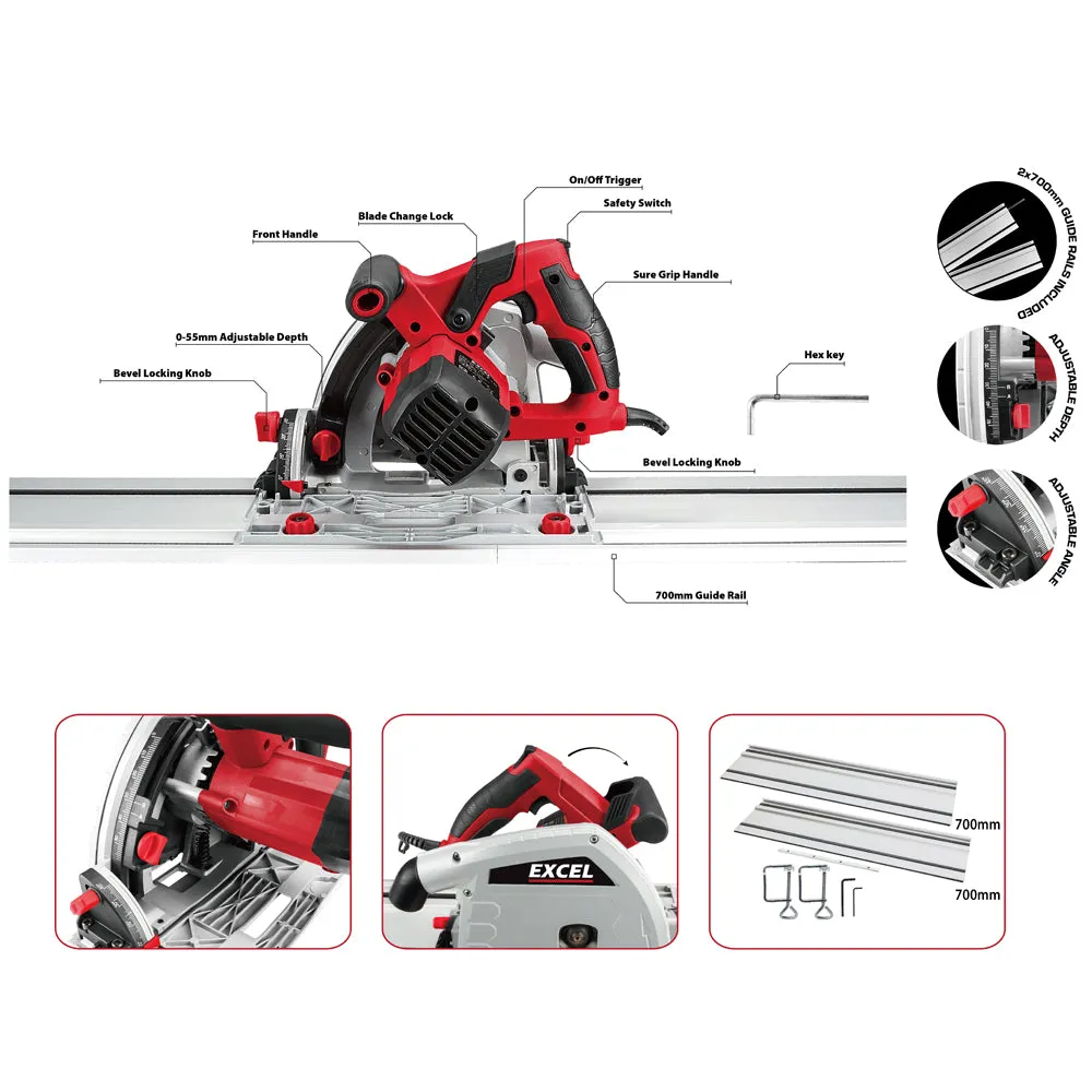 Excel 165mm Plunge Saw 1200W/240V Guide Rail Set With Blade