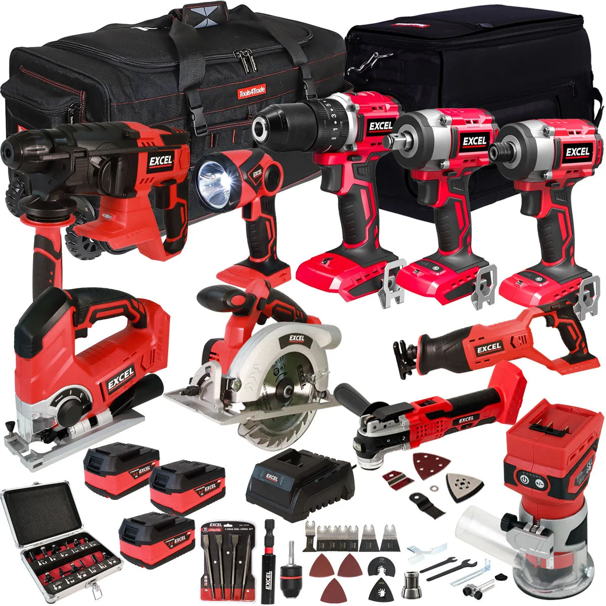 Excel 18V 10 Piece Power Tool Kit with 3 x 5.0Ah Battery Charger & Accessories EXLKIT-17298
