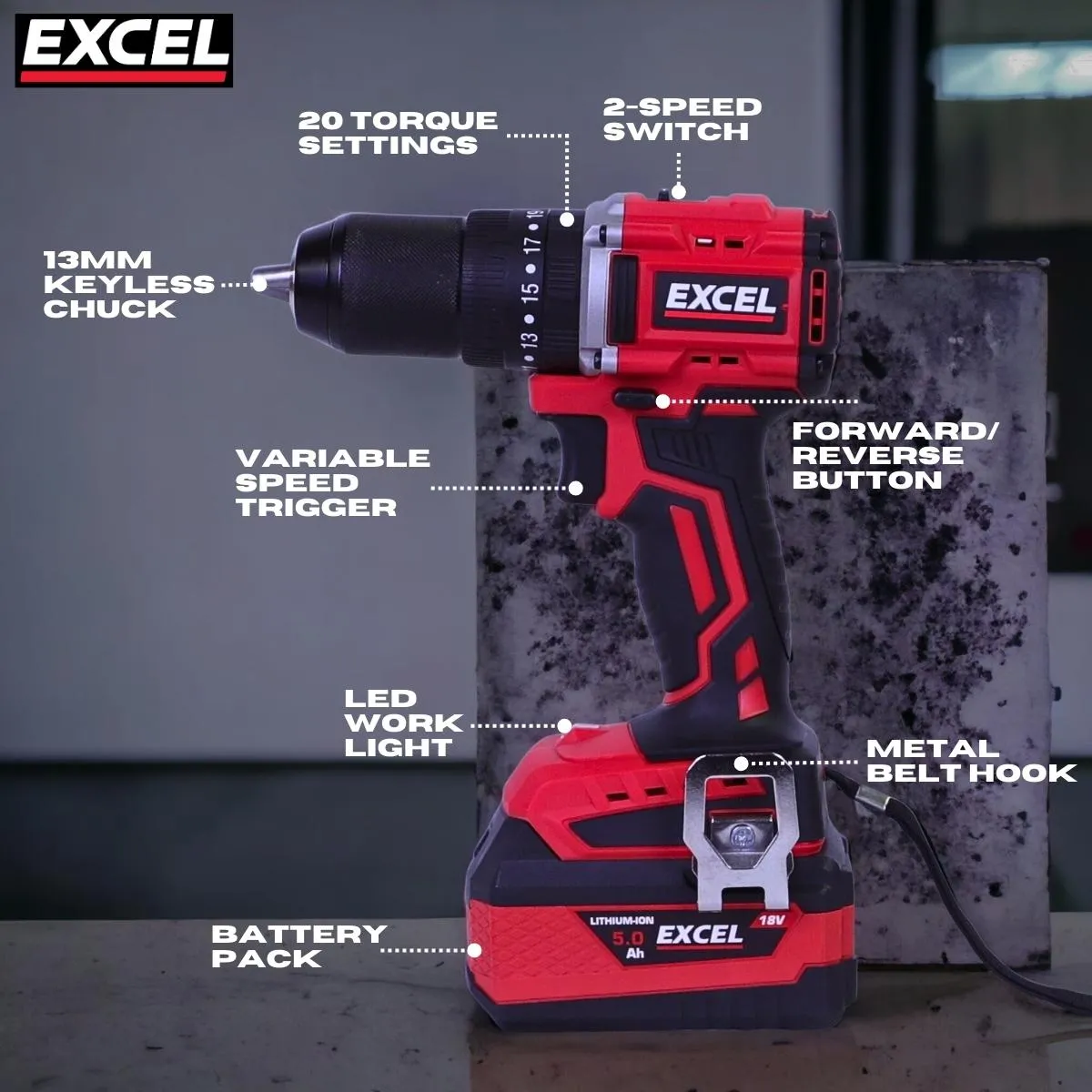 Excel 18V 4 Piece Power Tool Kit with 2 x 4.0Ah Batteries & Charger EXLKIT-16284