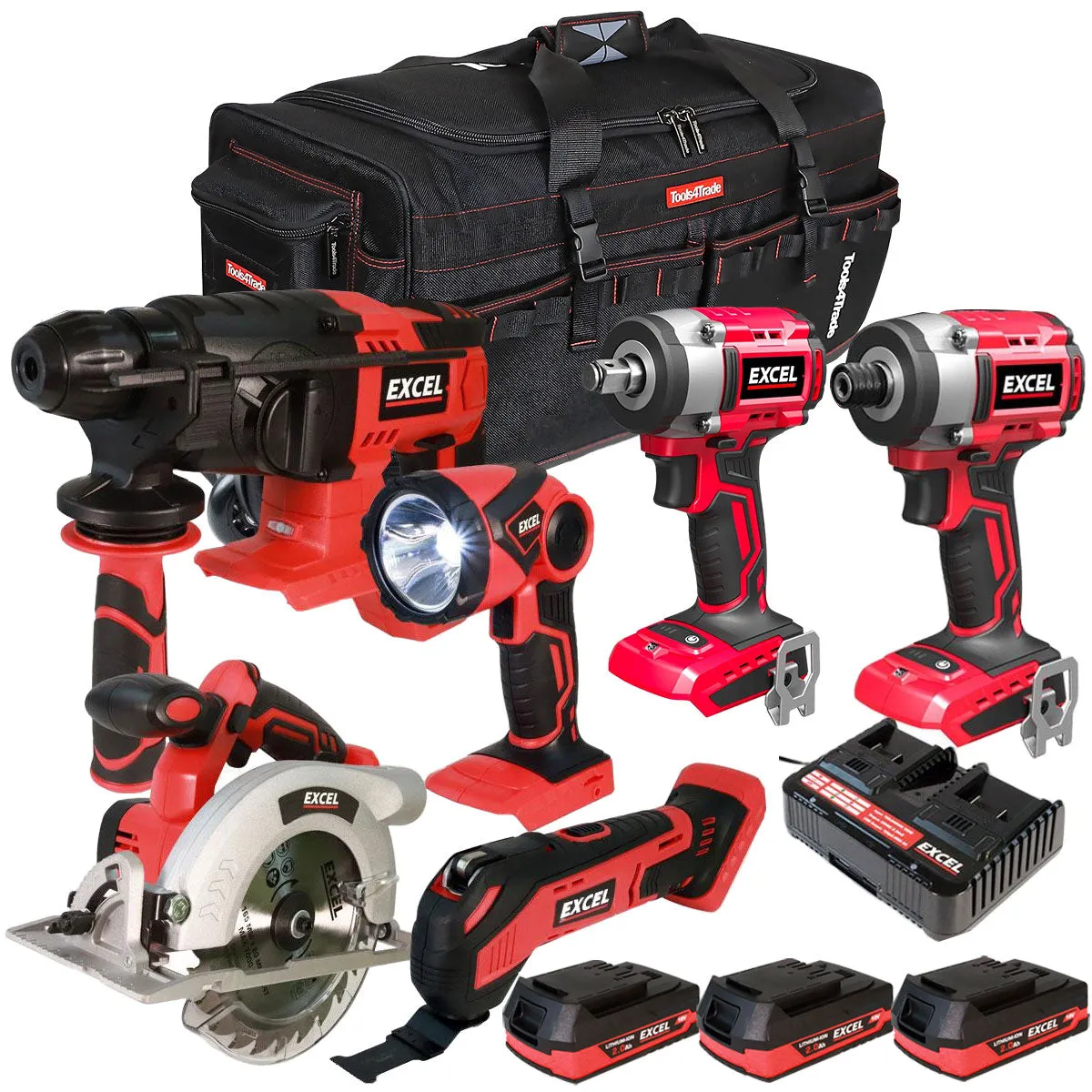 Excel 18V 6 Piece Power Tool Kit with 3 x 2.0Ah Batteries & Charger