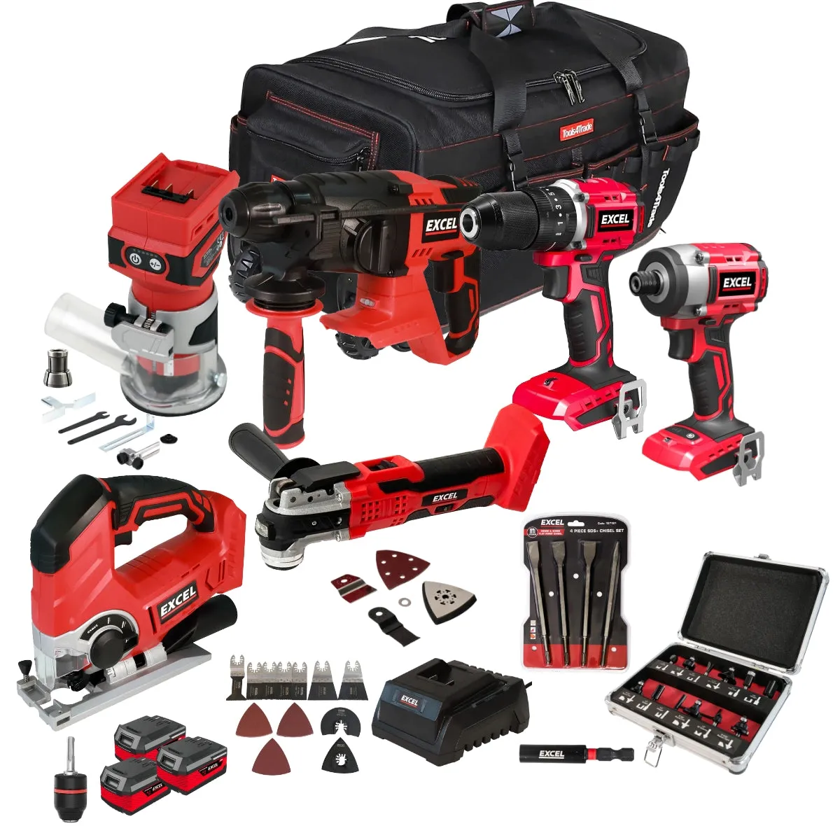 Excel 18V 6 Piece Power Tool Kit with 3 x 4.0Ah Battery Charger & Accessories EXLKIT-17312