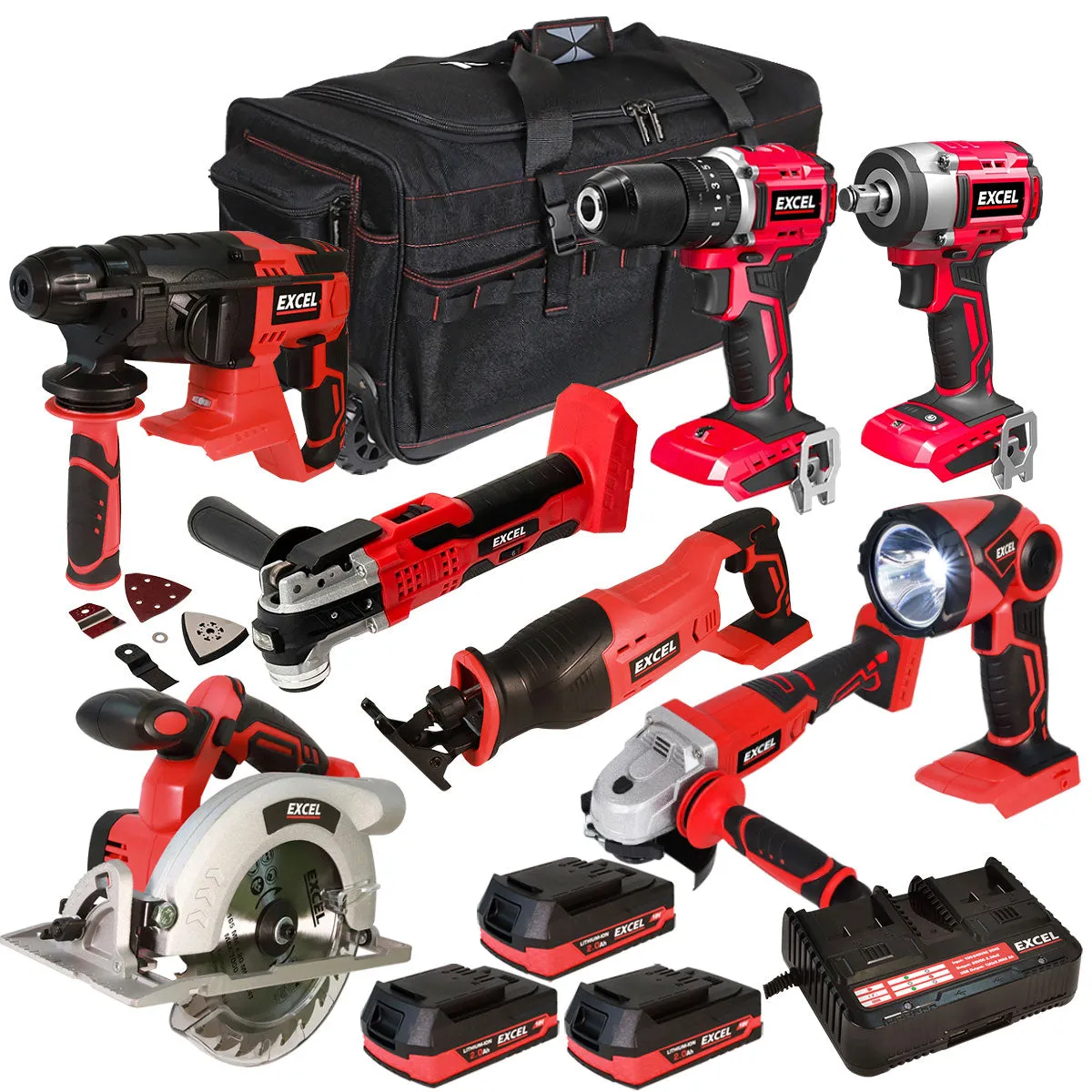 Excel 18V 8 Piece Power Tool Kit with 3 x 2.0Ah Battery & Charger