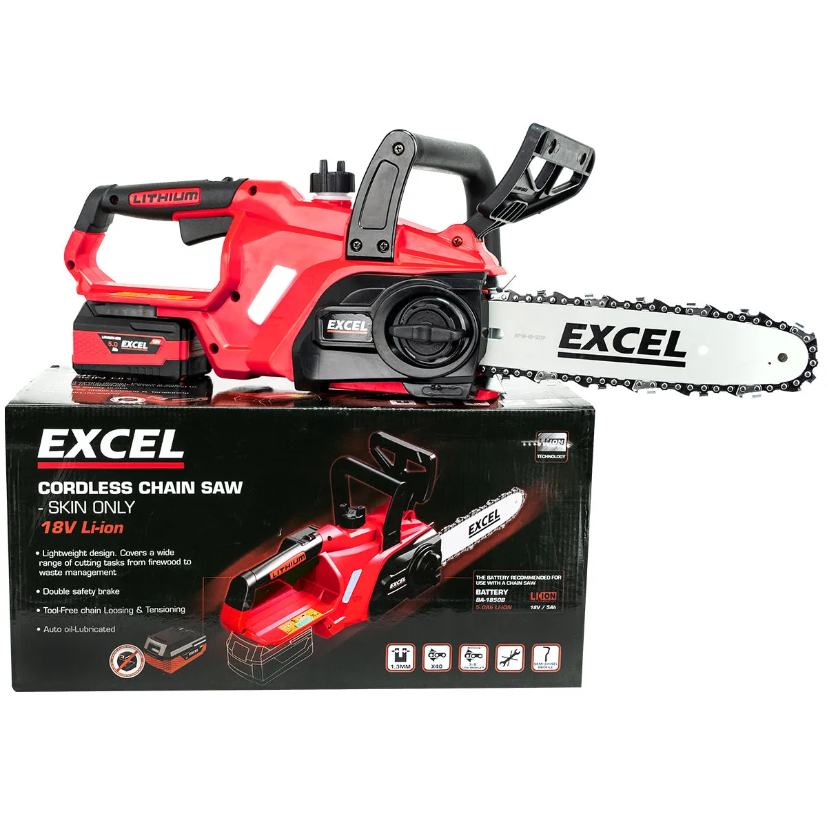 Excel 18V Chainsaw Wood Cutter 245mm with 2 x 5.0Ah Battery & Charger