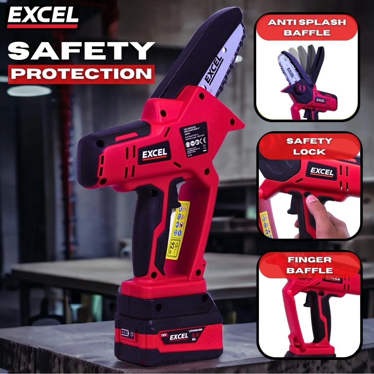 Excel 18V Cordless Mini Chain Saw with 1 x 2.0Ah Battery & Charger