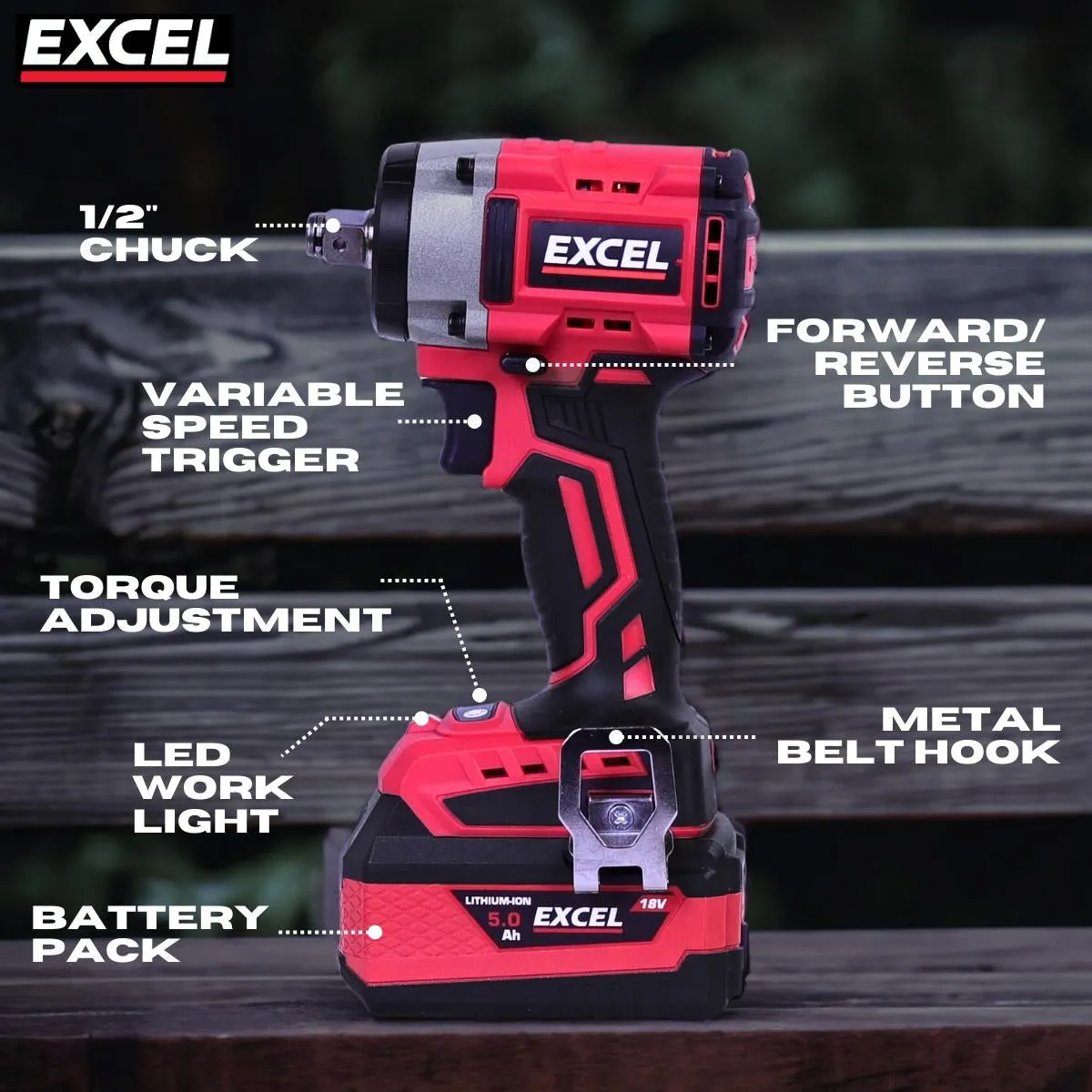 Excel 18V Twin Pack Impact Wrench & Grease Gun with 2 x 4.0Ah Battery Charger & Bag