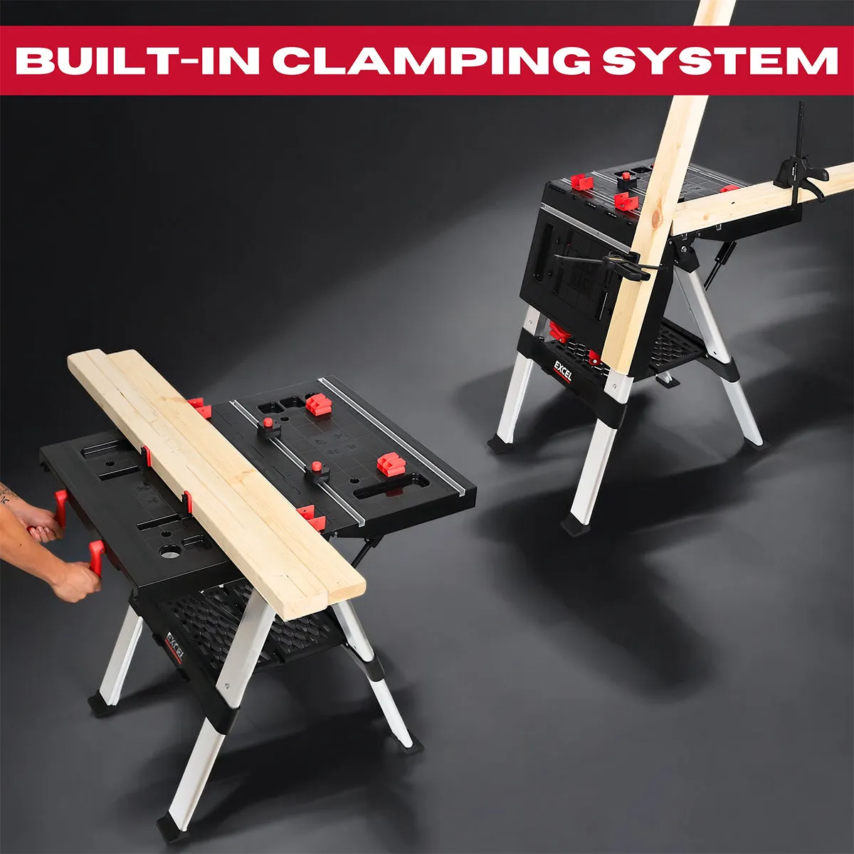 Excel Portable Workbench. Folding Work Table & Sawhorse with Adjustable Height Twin Pack