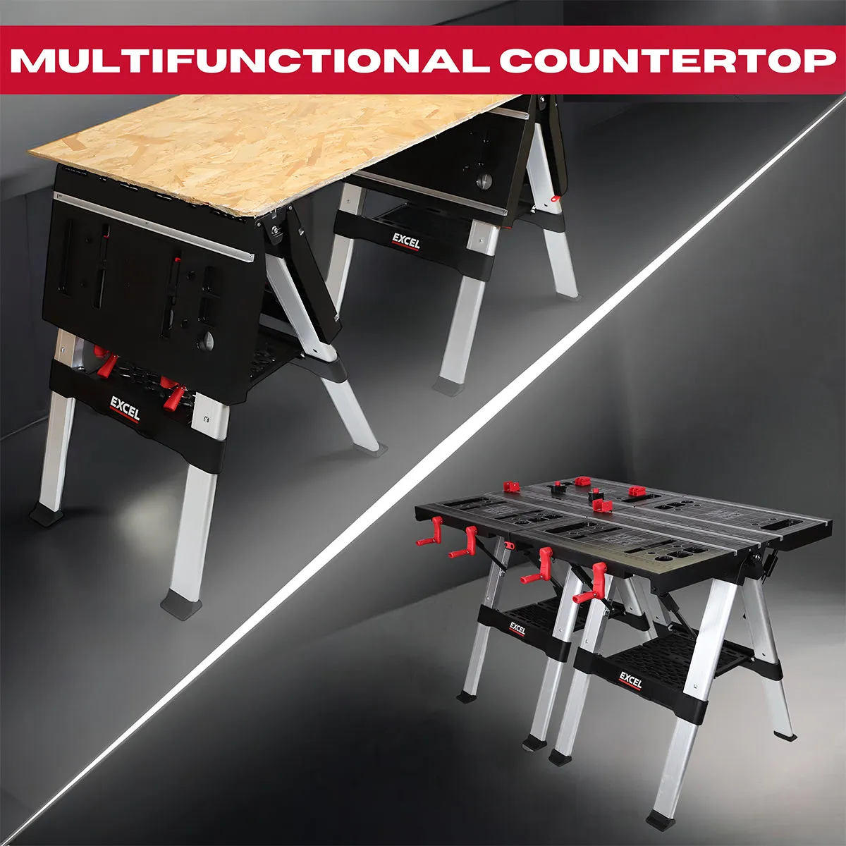 Excel Portable Workbench. Folding Work Table & Sawhorse with Adjustable Height Twin Pack