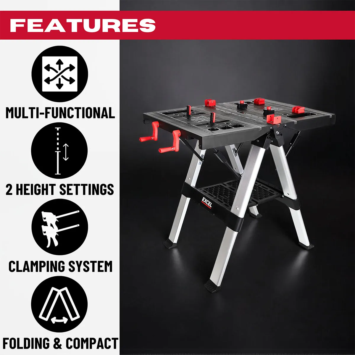 Excel Portable Workbench. Folding Work Table & Sawhorse with Adjustable Height Twin Pack