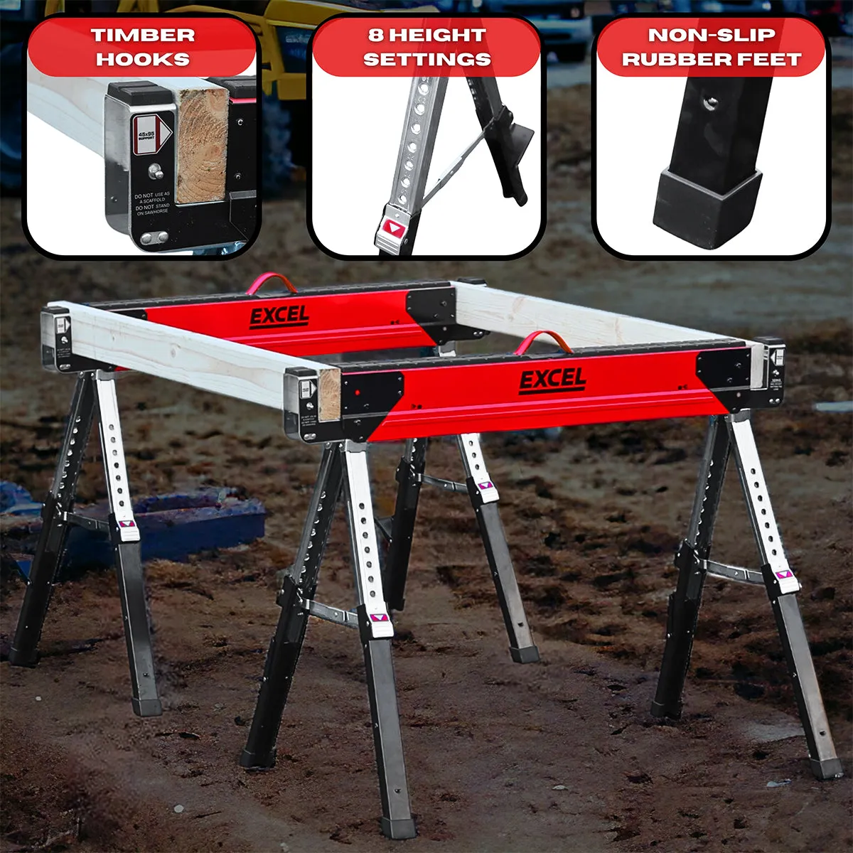 Excel Steel Sawhorse Heavy Duty Adjustable Legs Twin Pack 1178Kg Capacity