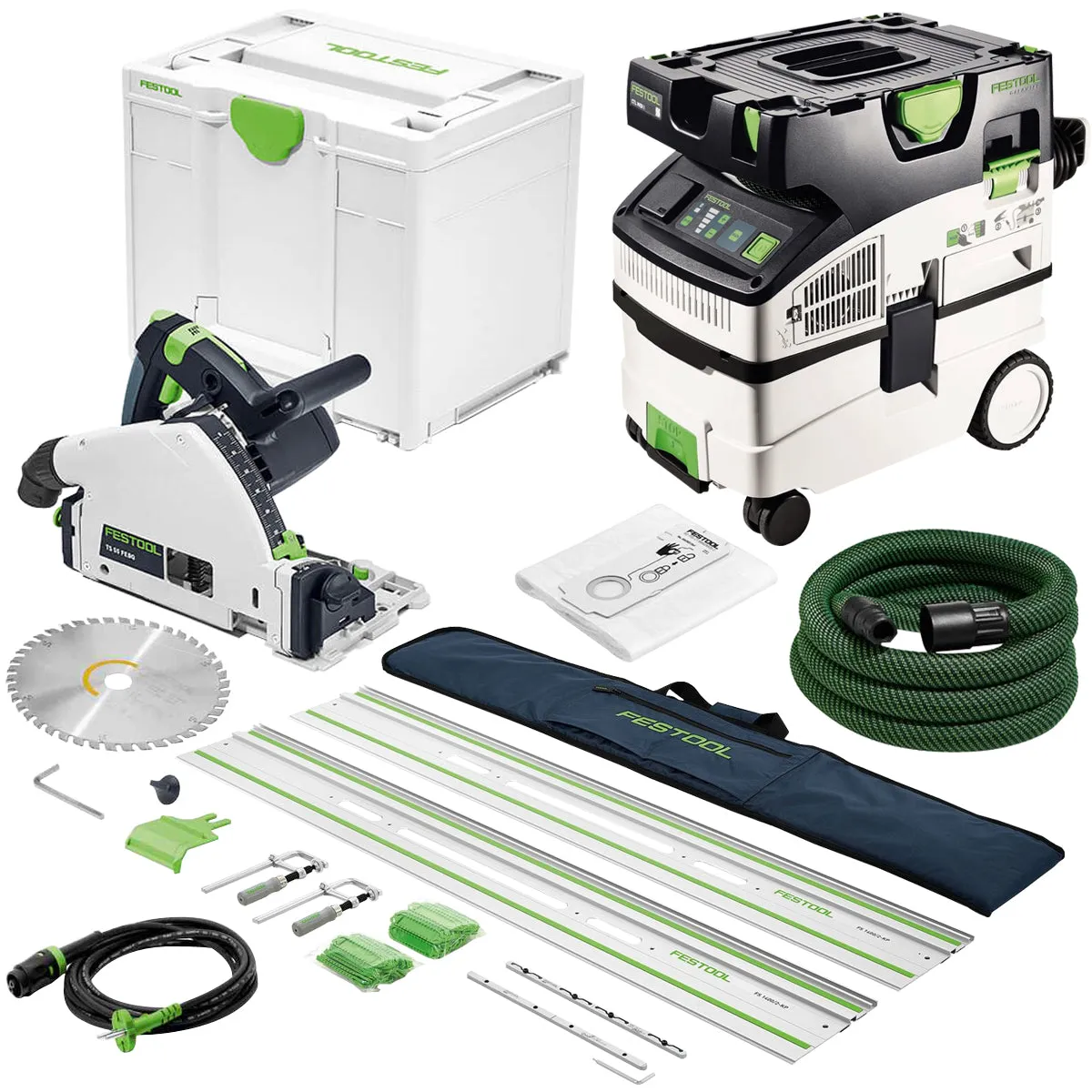 Festool TS 55 FEBQ-Plus 230V GB Plunge-Cut Saw - 576706 With Guide Rail Kit Set 577932 & Dust Extractor 574835