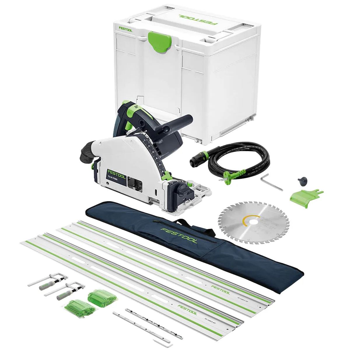 Festool TS 55 FEBQ-Plus 230V GB Plunge-Cut Saw - 576706 With Guide Rail Kit Set 577932 & Dust Extractor 574843