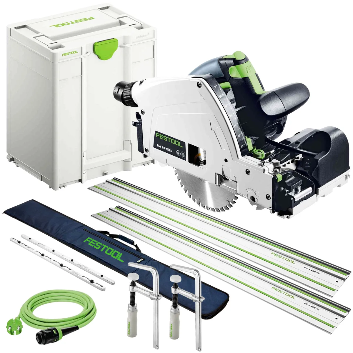 Festool TSV 60 KEB-Plus 110V GB Plunge-Cut Saw - 576734 With 2 x Guide Rail. Connector. Clamp & Bag
