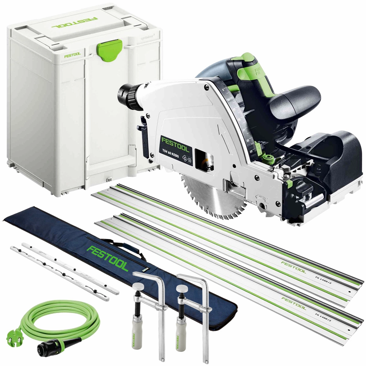 Festool TSV 60 KEBQ-Plus 230V GB Plunge-Cut Saw - 576733 With 2 x Guide Rail. Connector. Clamp & Bag