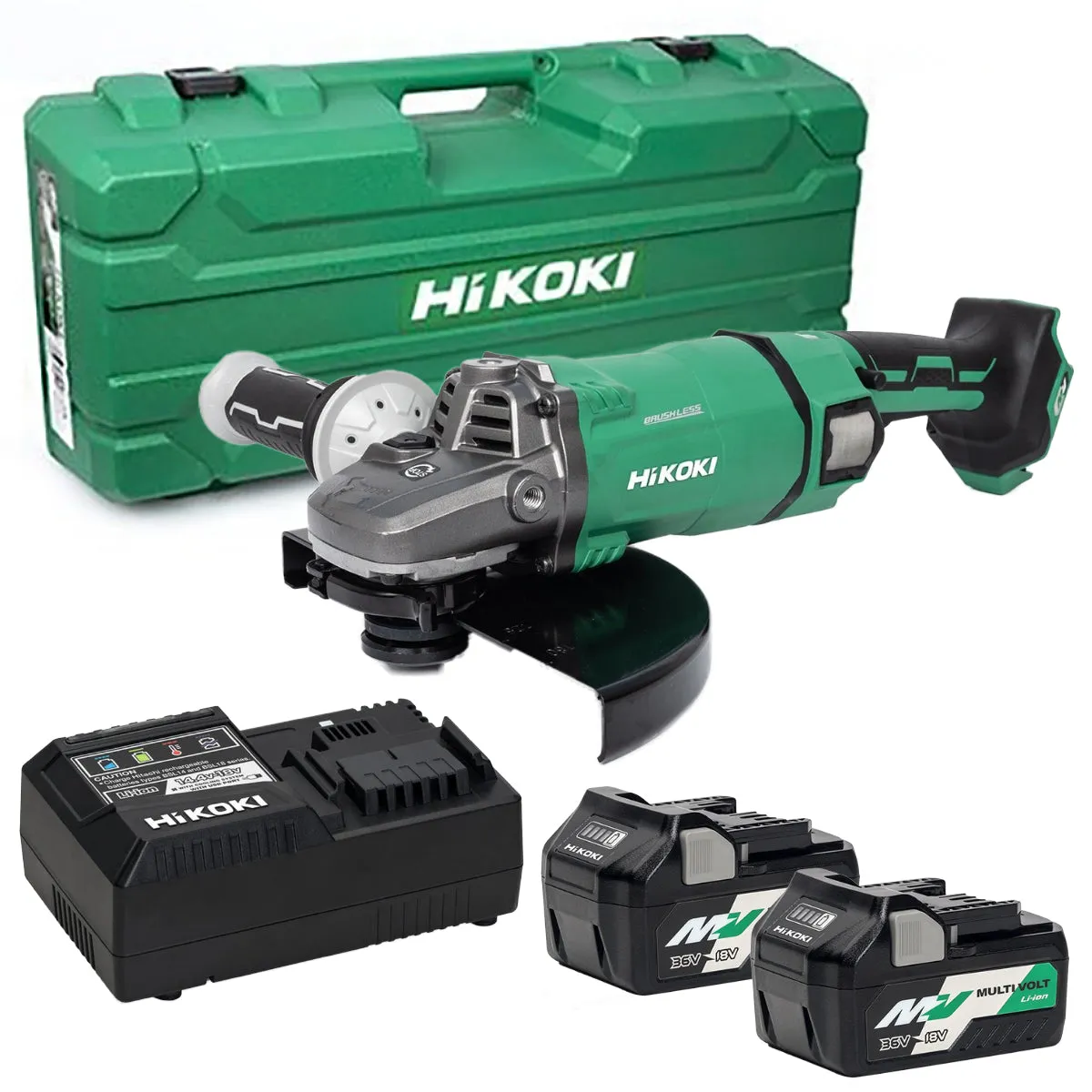 Hikoki G3623DAJAZ 36V Multivolt Brushless 230mm Angle Grinder with 2 x 4.0Ah Batteries. Charger & Case