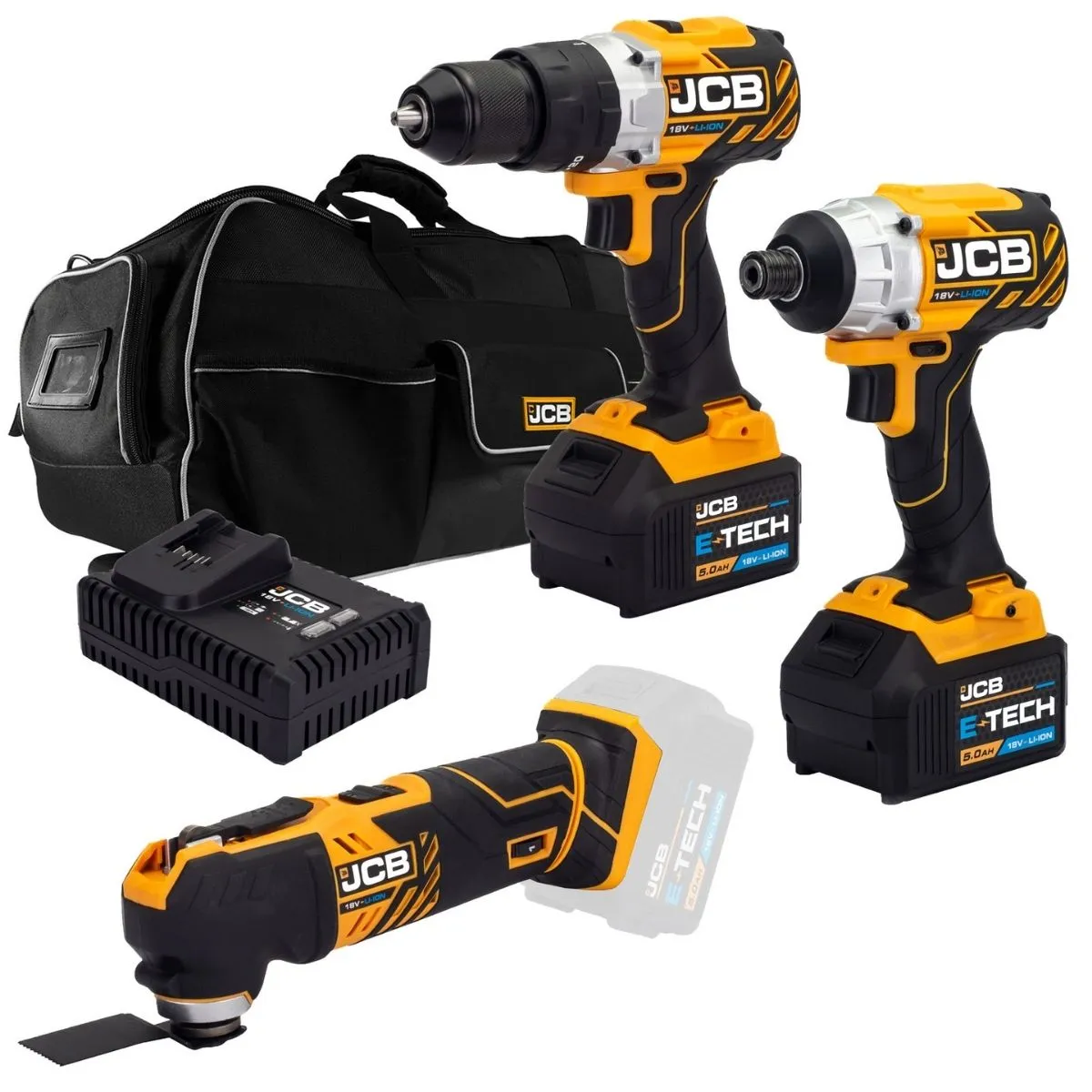 JCB 21-18TPKMT-5 18V Brushless Combi Drill. Impact Driver & Multi Tool Kit with 2 x 5.0ah Batteries. Charger & Bag