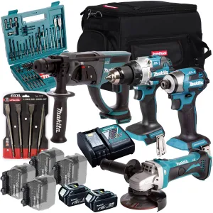 Makita 18V 4 Piece Combo Kit with 2 x 5.0Ah Battery Charger & Accessories Set T4TKIT-17236