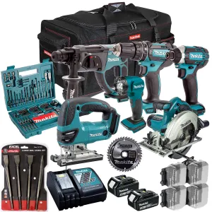 Makita 18V 6 Piece Combo Kit with 2 x 5.0Ah Battery Charger & Accessories Set T4TKIT-17214
