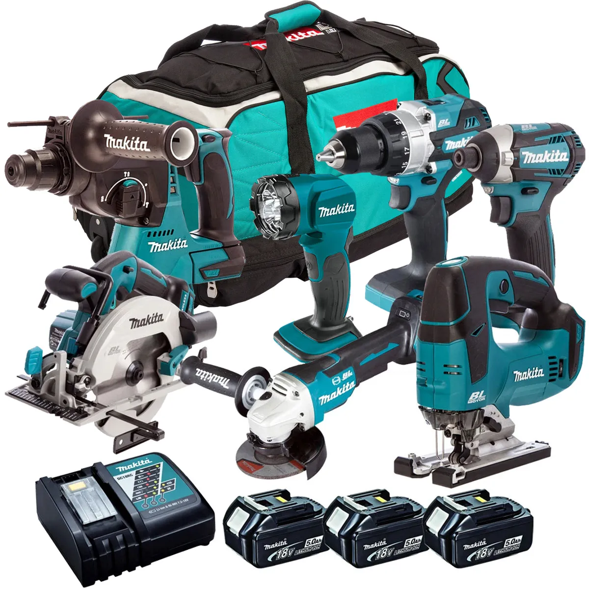 Makita 18V 7 Piece Cordless Kit with 3 x 5.0Ah Batteries T4TKIT-61