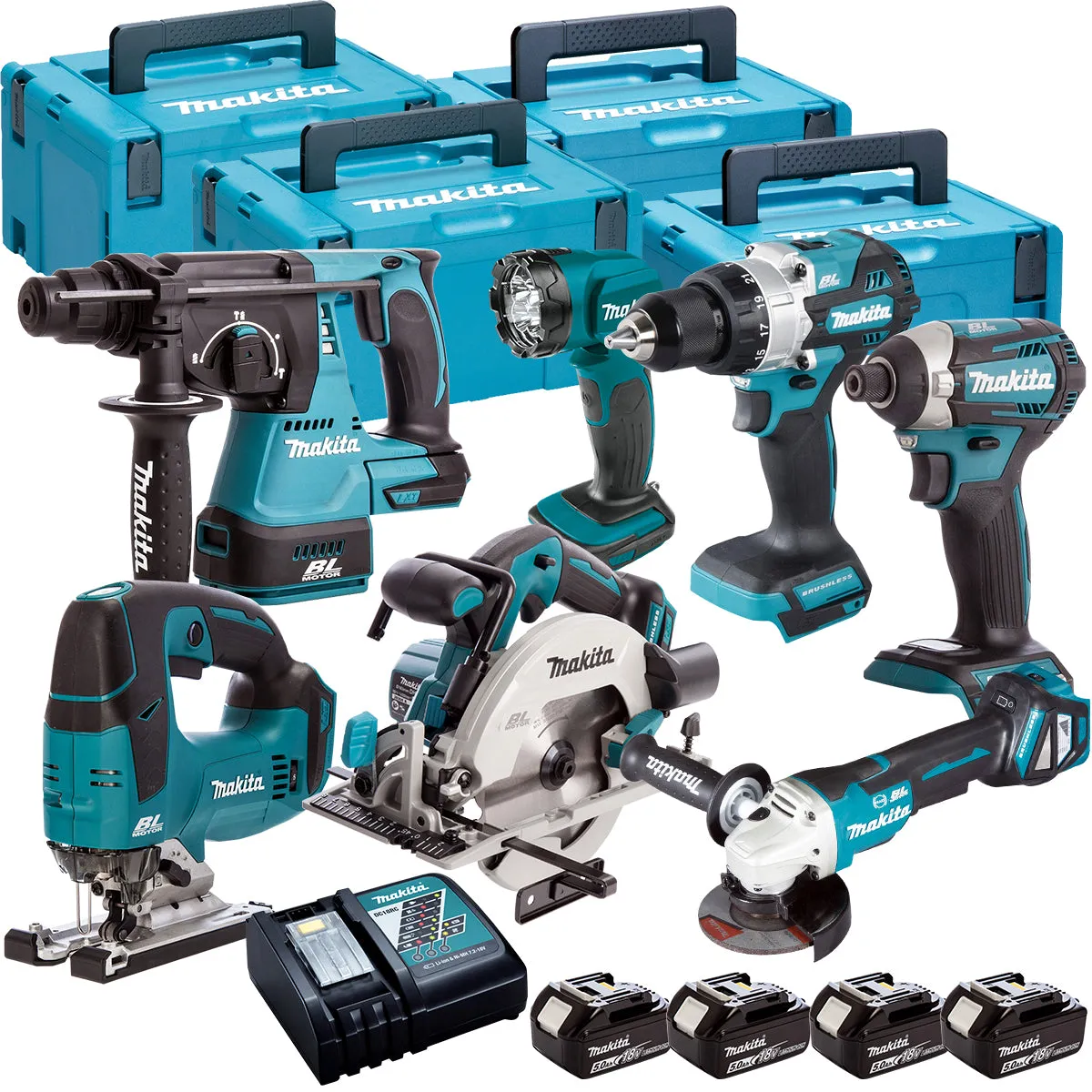 Makita 18V 7 Piece Cordless Kit with 4 x 5.0Ah Batteries T4TKIT-120