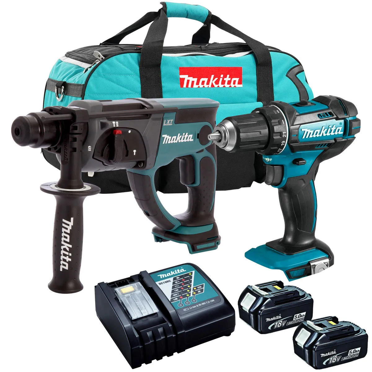 Makita 18V SDS  Rotary Hammer   Combi Drill Twin Kit with 2 x 5.0Ah Battery Charger & Bag