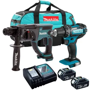 Makita 18V SDS  Rotary Hammer   Combi Drill Twin Kit with 2 x 5.0Ah Battery Charger & Bag