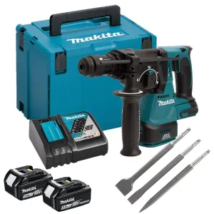 Makita DHR243RTJ 18V Brushless SDS  Rotary Hammer Drill With 2 x 5.0Ah Battery. Charger & 3 Piece Chisel