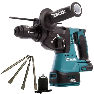 Makita DHR243Z 18V LXT Brushless 24mm SDS  Rotary Hammer Drill With 4 Piece Chisel Set   Keyless Chuck