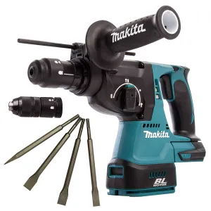 Makita DHR243Z 18V LXT Brushless 24mm SDS  Rotary Hammer Drill With 4 Piece Chisel Set
