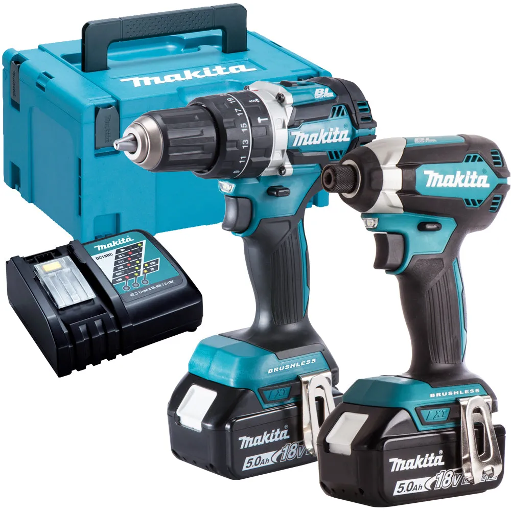 Makita DLX2180TJ 18V Brushless Combi Drill   Impact Driver Twin Kit With 2 x 5.0Ah Batteries Charger