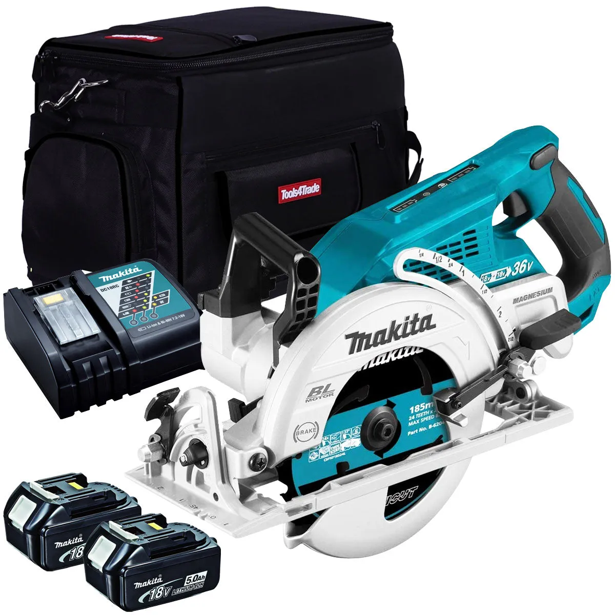 Makita DRS780Z 36V Brushless 185mm Circular Saw With 2 x 5.0Ah Batteries. Charger & Tool Bag