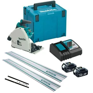 Makita DSP600TJ 36V Brushless Plunge Saw with 2 x 5.0Ah Batteries Charger   2 x Guide Rail & Connector