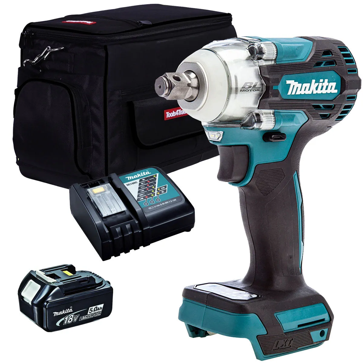 Makita DTW300Z 18V Brushless 1/2 Impact Wrench with 1 x 5.0Ah Battery Charger & Tool Bag
