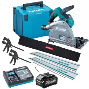 Makita SP001GZ03KIT4 40V Brushless Plunge Saw with 2 x Guide Rail. Connector. Clamp Set & 1 x 4.0Ah Battery Charger