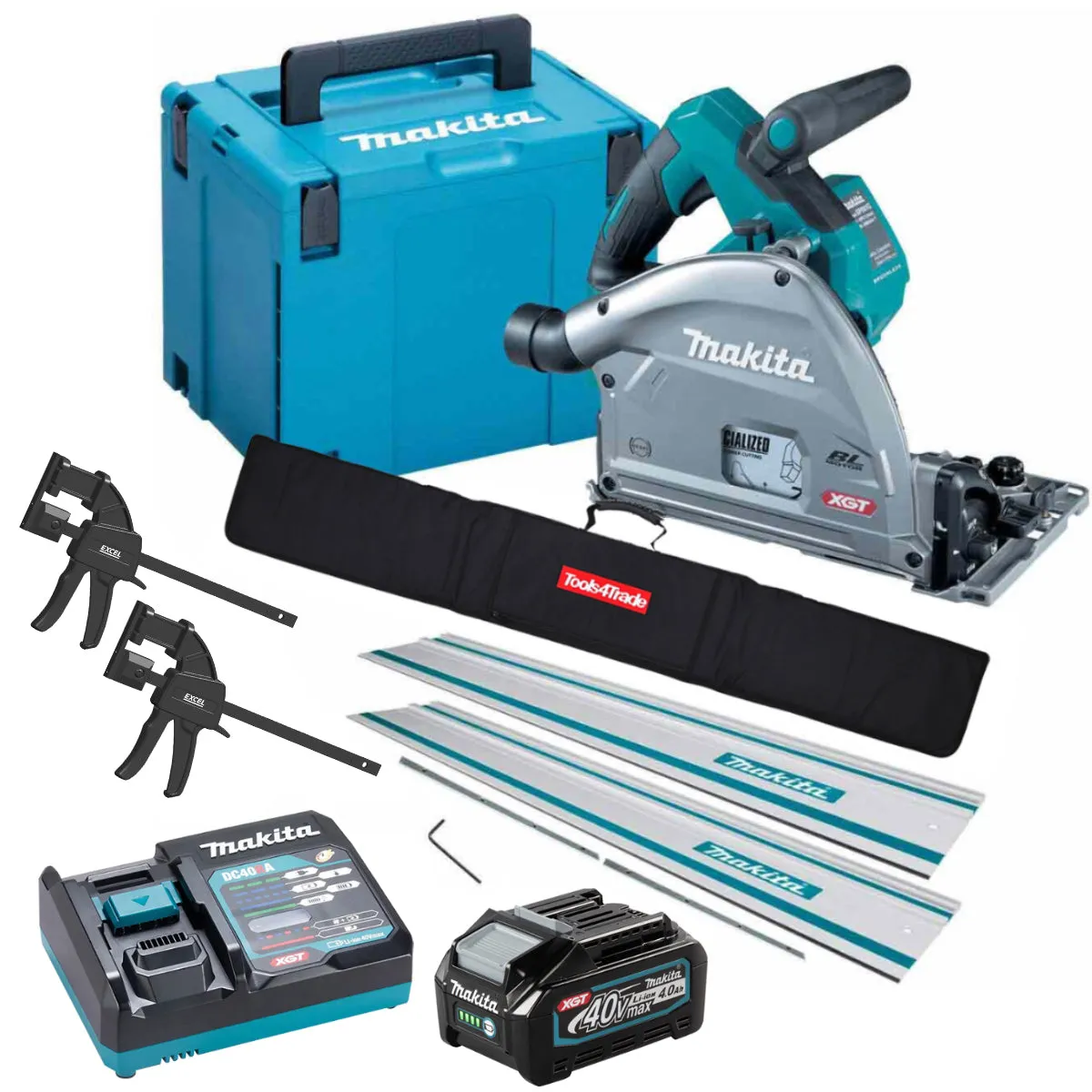 Makita SP001GZ03KIT4 40V Brushless Plunge Saw with 2 x Guide Rail. Connector. Clamp Set & 1 x 4.0Ah Battery Charger