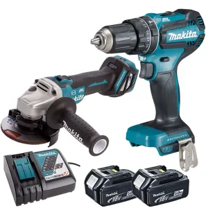 Makita Twin Pack Angle Grinder   Combi Drill with 2 x 5.0Ah Batteries & Charger
