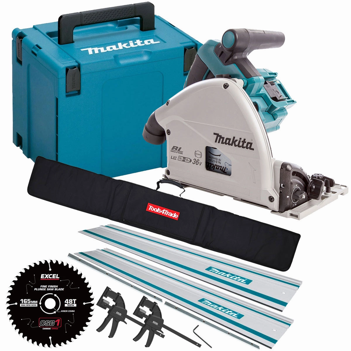 Makita DSP600ZJ 36V Brushless Plunge Saw Body Only   2 x Guide Rail. Connector with Blade & Clamp Set