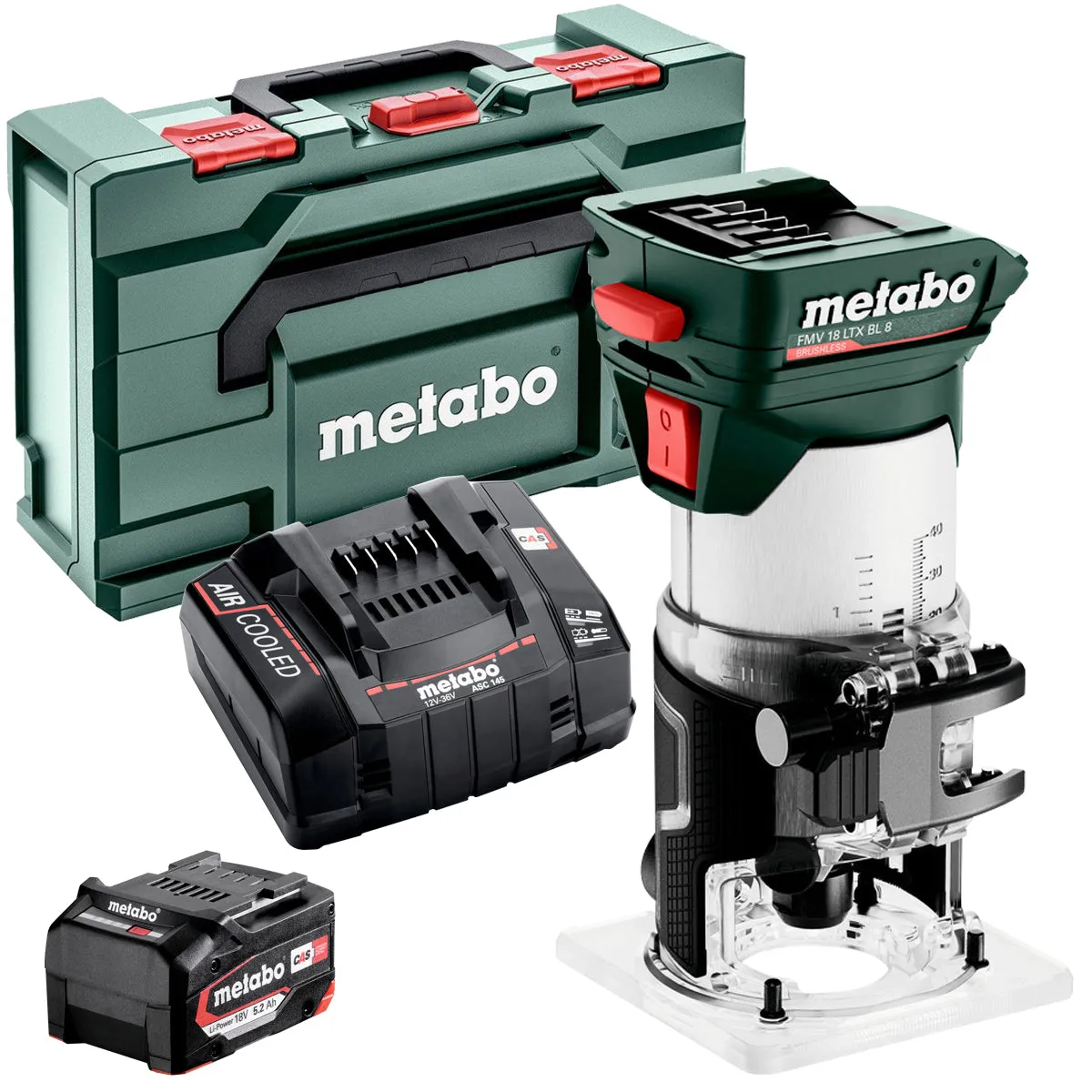 Metabo FMV 18 LTX BL 8 18V Brushless 1/4 Trim Router with 1 x 5.2Ah Battery Charger & Metabox