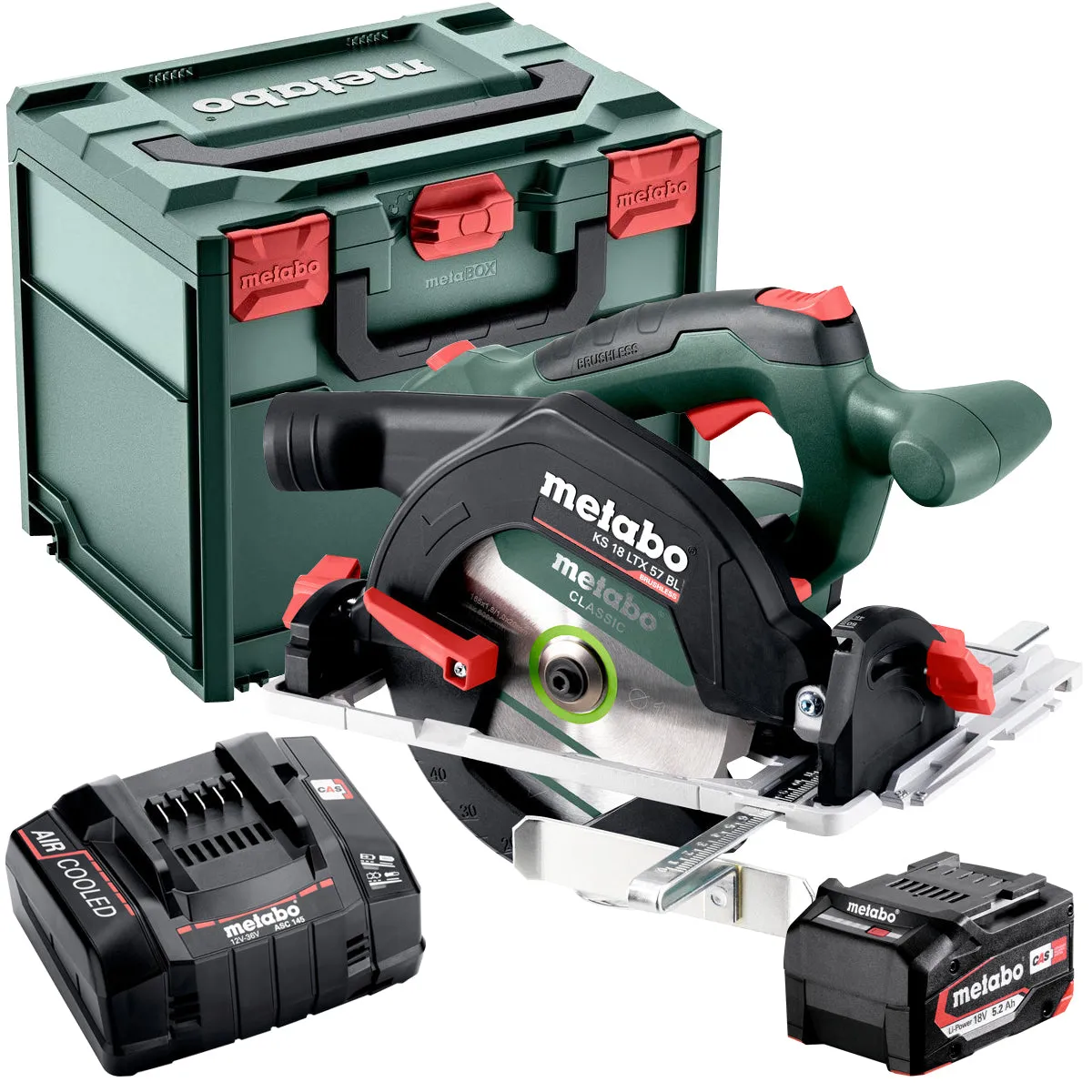 Metabo KS 18 LTX 57 BL 18V Brushless 165mm Circular Saw with 1 x 5.2Ah Battery Charger & Metabox