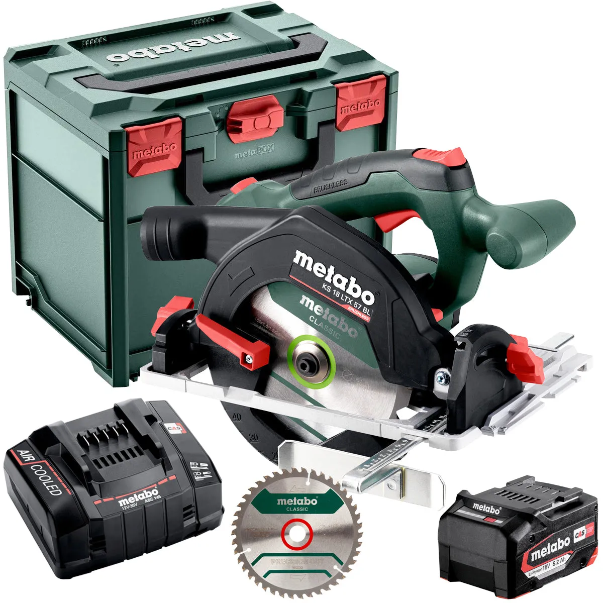 Metabo KS 18 LTX 57 BL 18V Brushless 165mm Circular Saw with 1 x 5.2Ah Battery Charger. Metabox & Blade