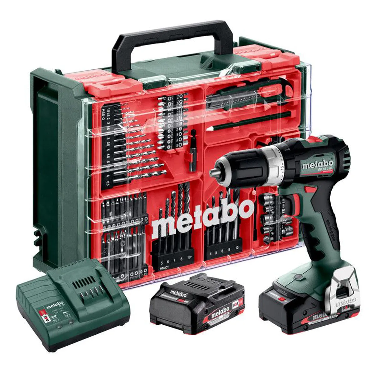 Metabo SB 18 L BL SET 18V Brushless Combi Drill with 2 x 2.0Ah Battery. Charger & 78 Piece Mobile Workshop Accessory Set in Case 613157710