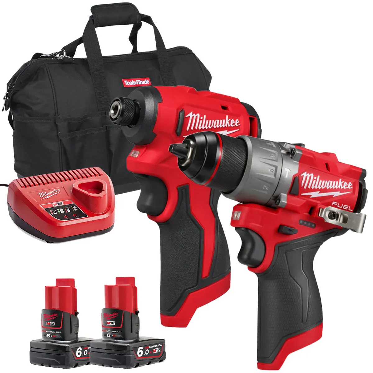 Milwaukee 12V Brushless Combi Drill   Impact Driver Twin Kit with 2 x 6.0Ah Battery Charger & Bag