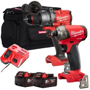 Milwaukee 18V Fuel Brushless Impact Driver   Combi Drill Twin Kit with 2 x 5.0Ah Battery Charger & Bag