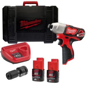 Milwaukee M12BID-202C 12V Impact Driver 1/4 with 2 x 2.0Ah Batteries with Socket Adapter