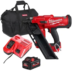 Milwaukee M18FFN-0 18V Fuel Brushless First Fix Angled Framing Nailer with 1 x 5.5Ah Battery Charger & Bag